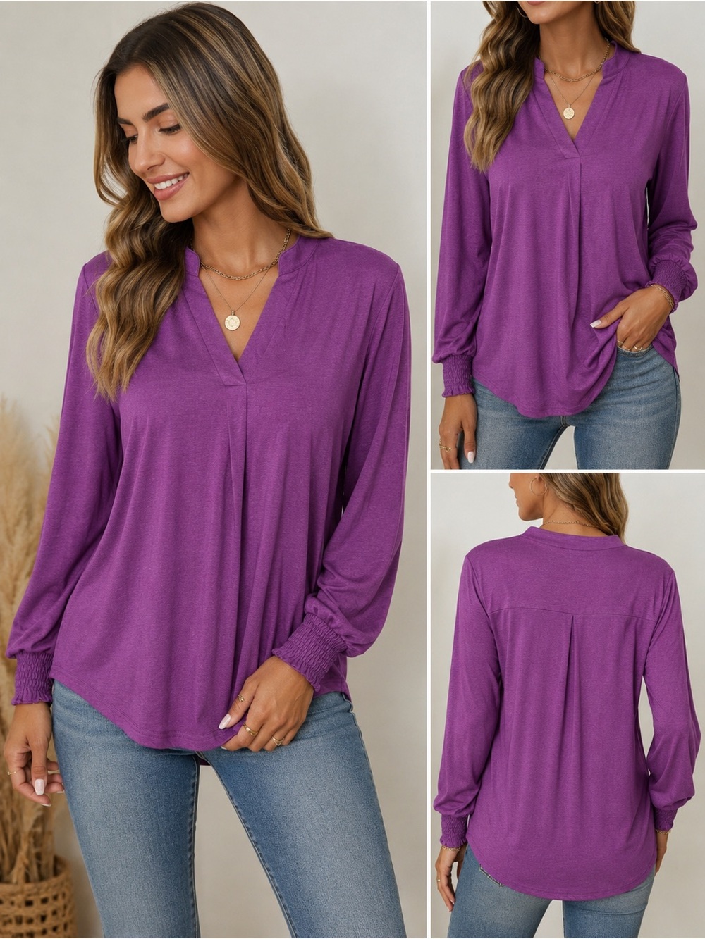 NWT Romanstii Purple V Neck Smocked Cuff Long Sleeve Tunic Blouse